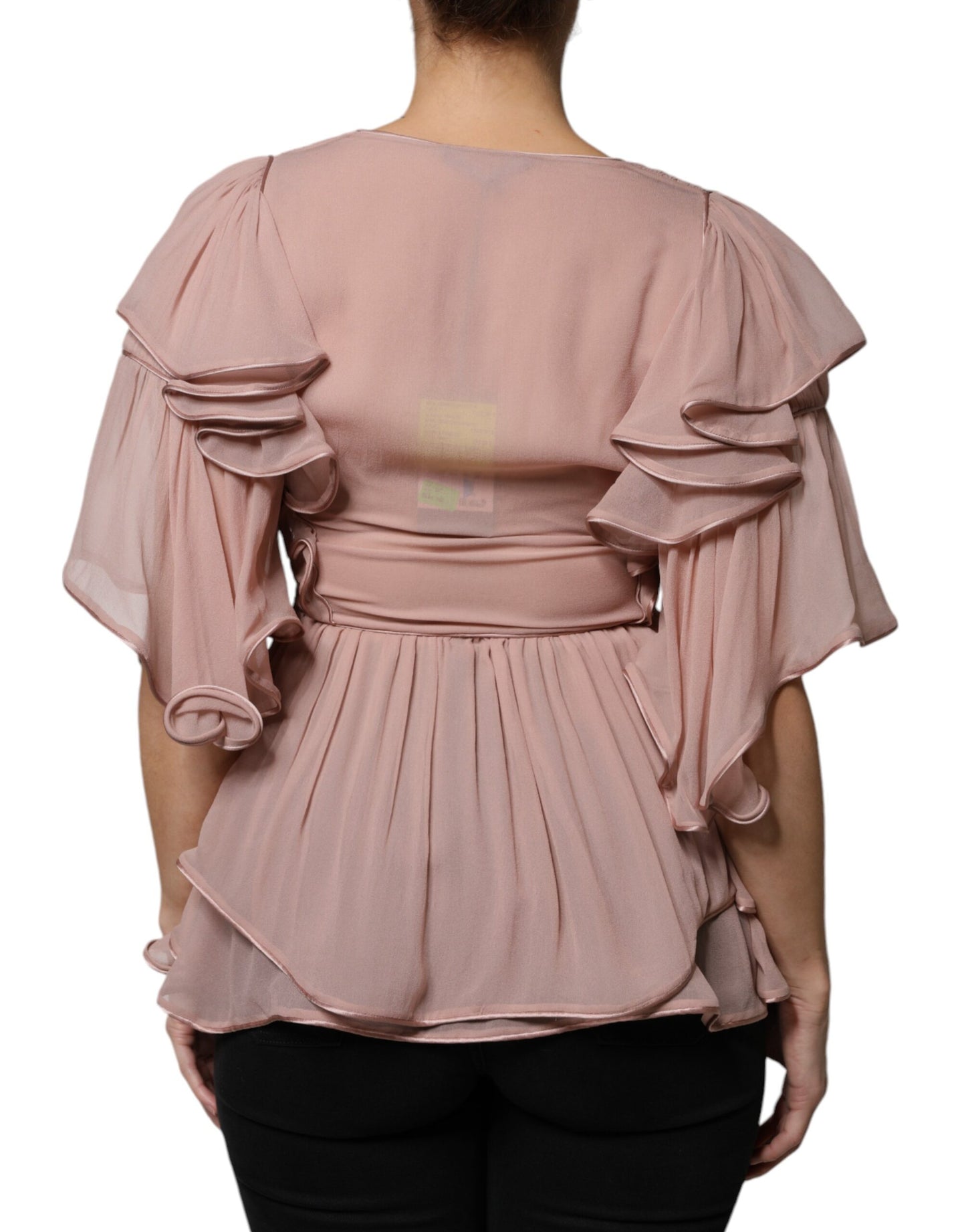 Brown Silk Short Sleeves V-neck Pleated Top