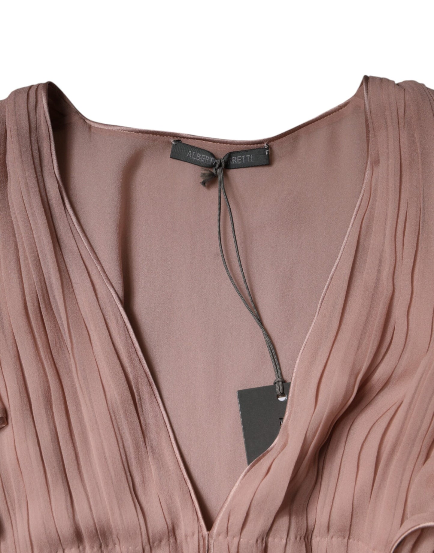 Brown Silk Short Sleeves V-neck Pleated Top