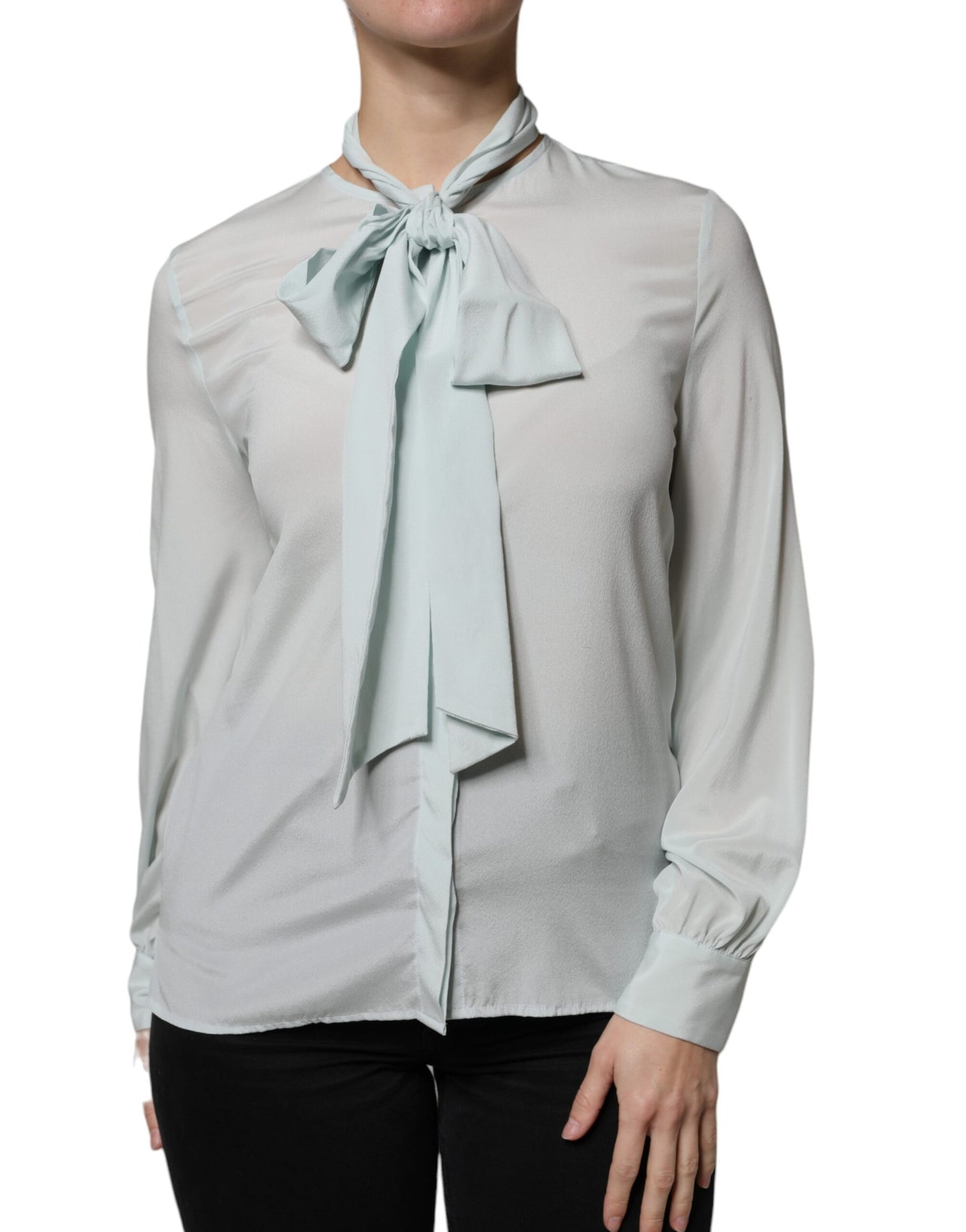 Light Blue Silk Ascot Collared Long Sleeves Top