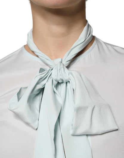 Light Blue Silk Ascot Collared Long Sleeves Top