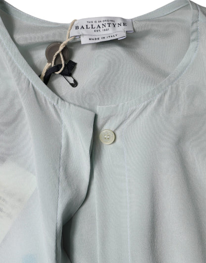 Light Blue Silk Ascot Collared Long Sleeves Top