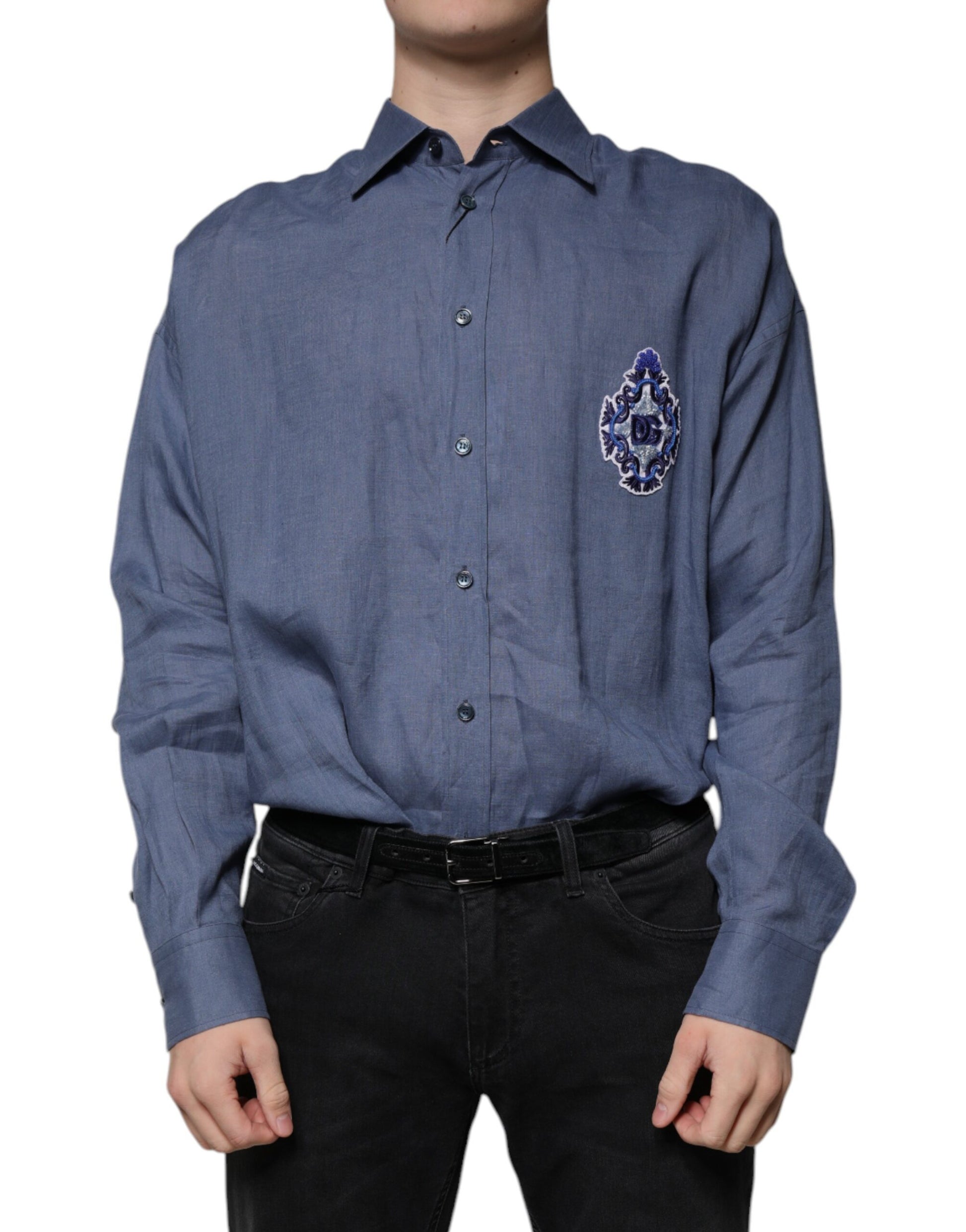 Blue Logo Long Sleeve Button Down Casual Shirt