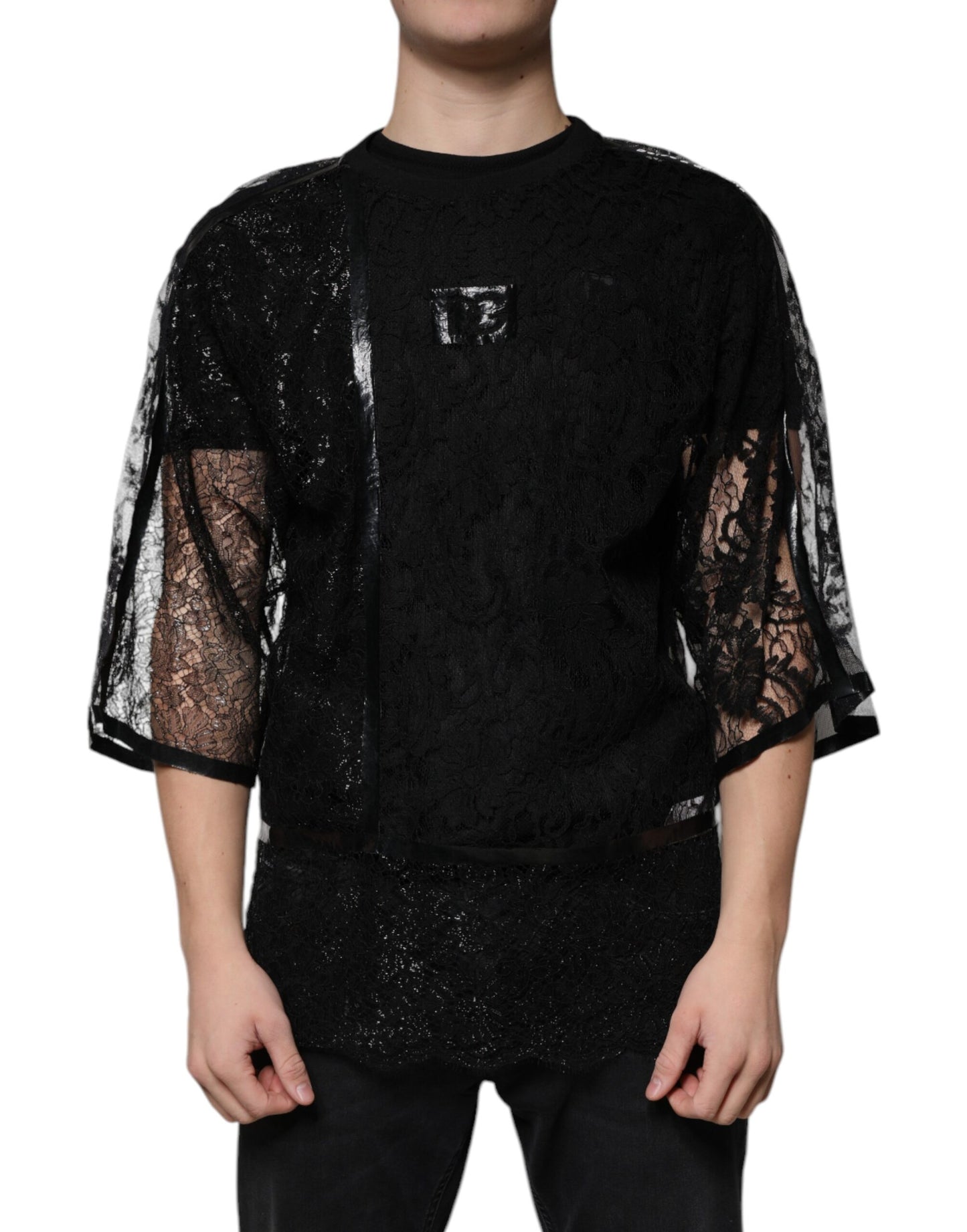 Black Nylon Floral Lace Crew Neck T-shirt