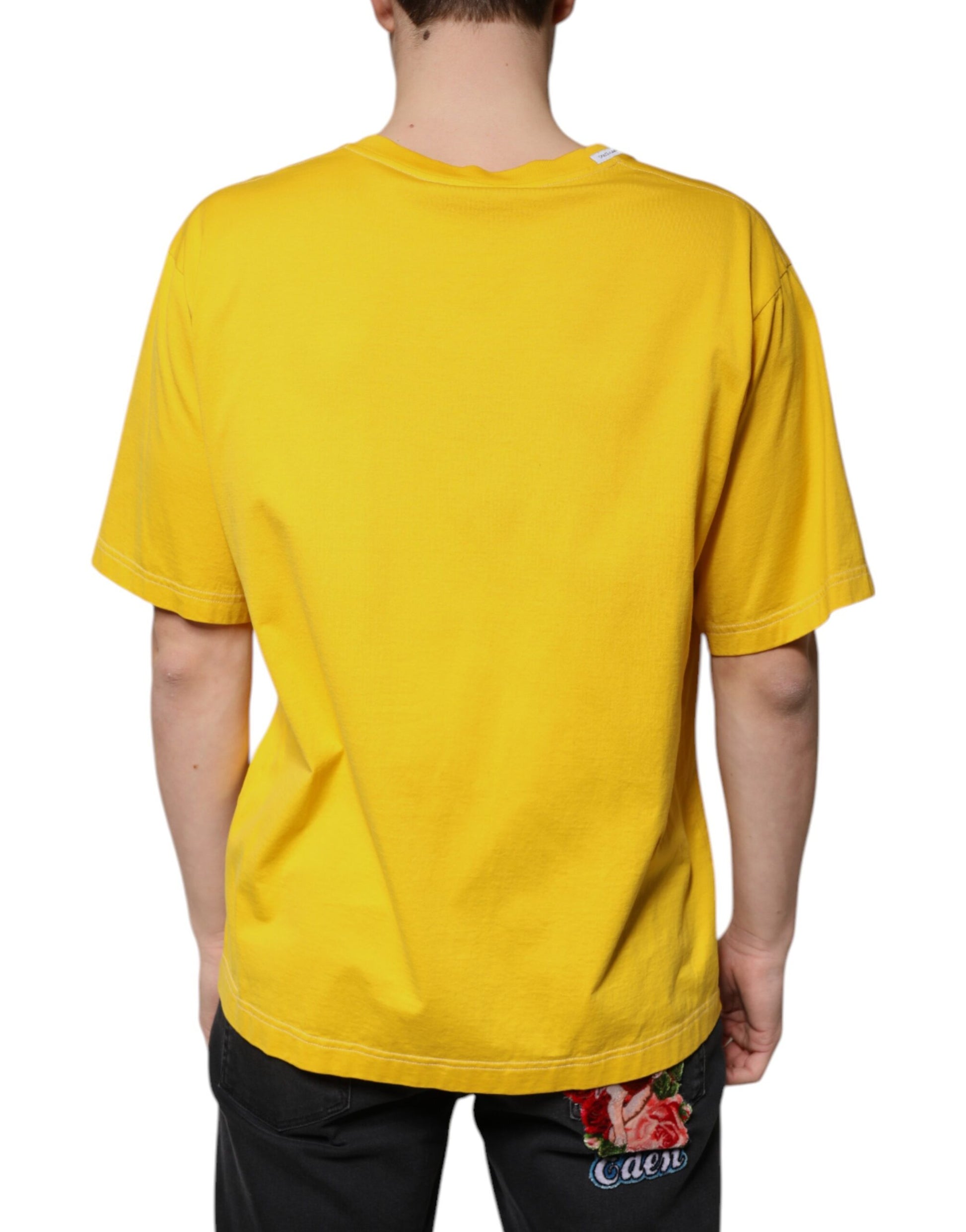 Yellow Cotton V-neck Short Sleeves T-shirt