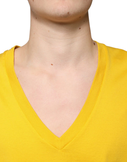 Yellow Cotton V-neck Short Sleeves T-shirt