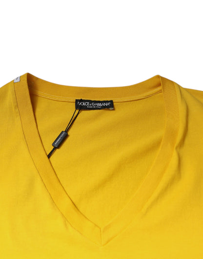 Yellow Cotton V-neck Short Sleeves T-shirt