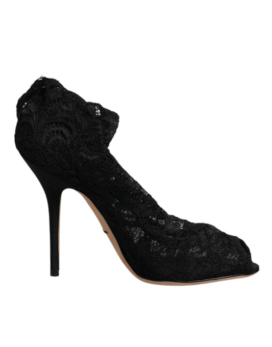 Black Lace Stretch Heels Mid Calf Boots Shoes