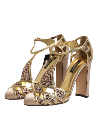 Beige Crystal Embellished Satin Leather Pumps Shoes