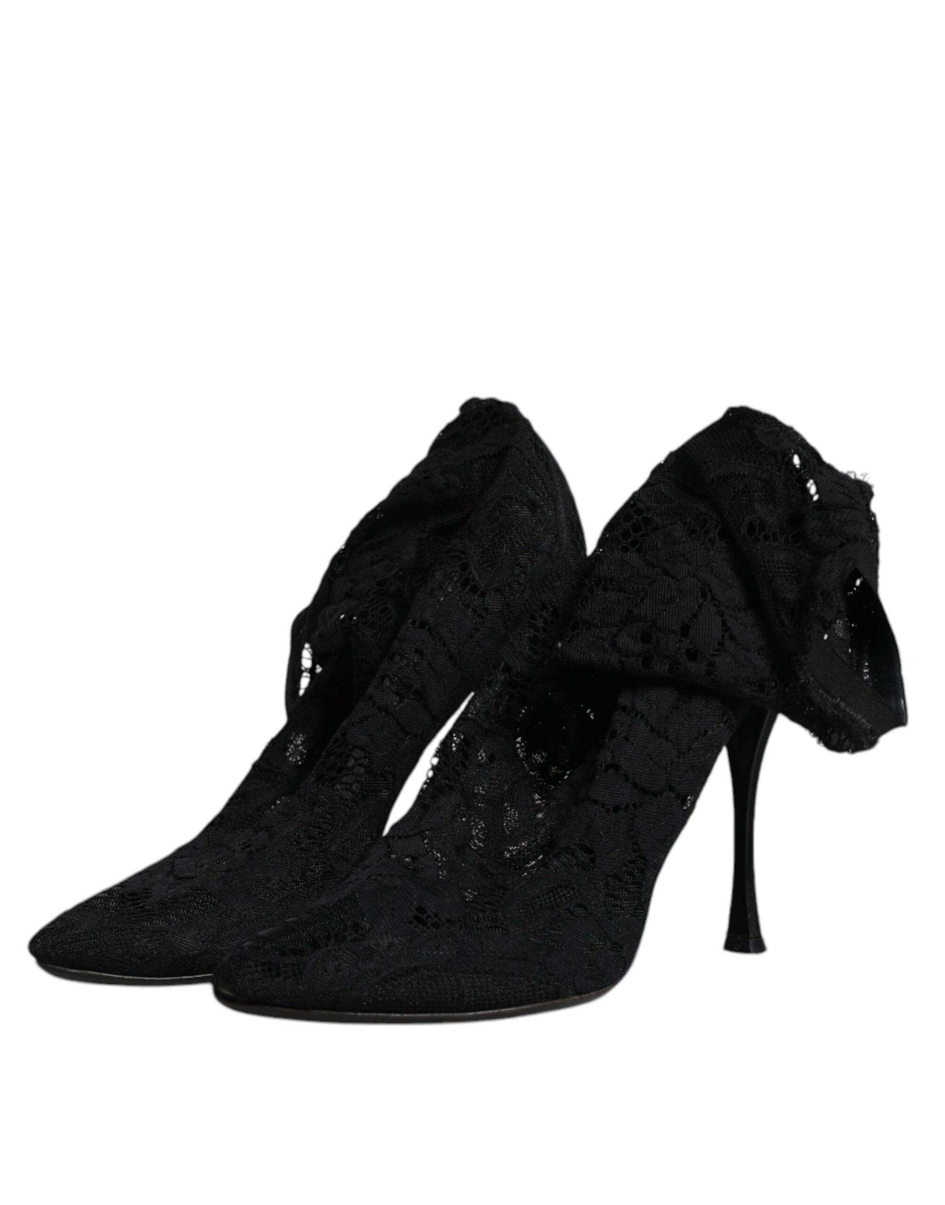 Black Lace Stretch Heels Mid Calf Boots Shoes