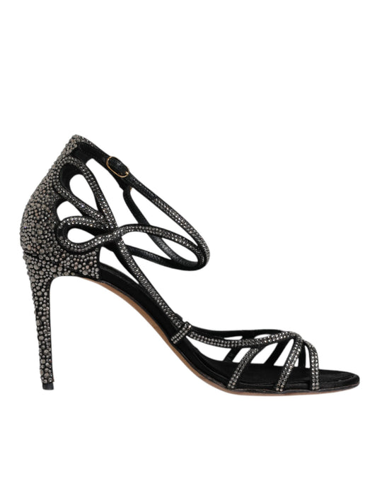 Black Strass Ankle Strap Heels Sandals Shoes