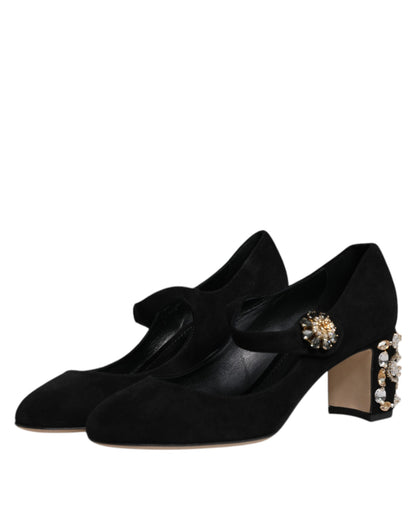 Black Suede Crystal Mary Jane Heels Shoes