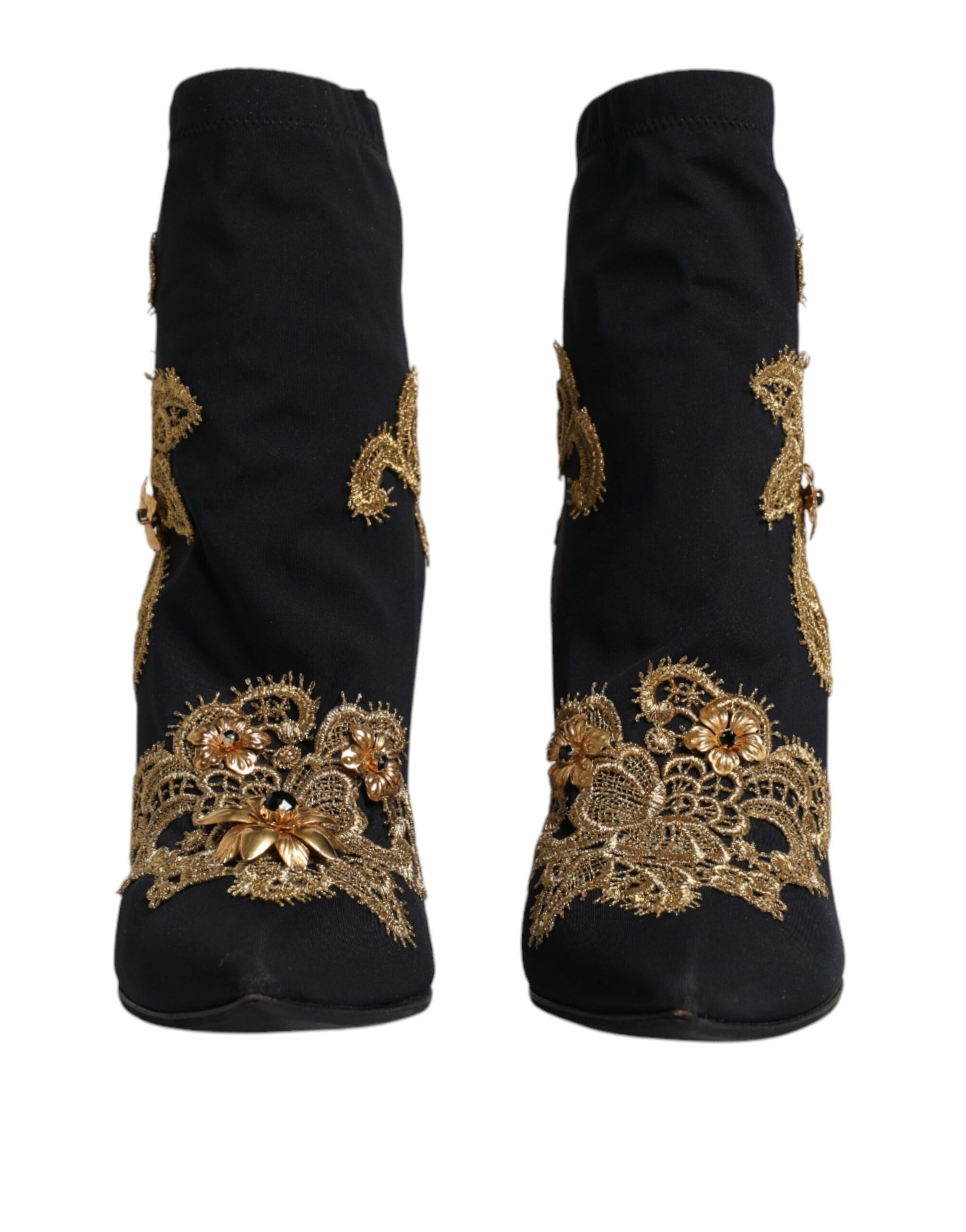 Black Gold Embroidery Slip On Boots Shoes