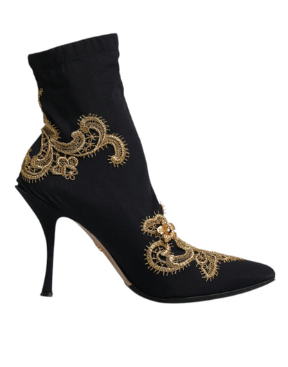 Black Gold Embroidery Slip On Boots Shoes