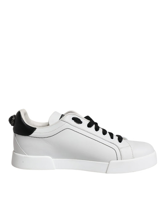 White Black Leather Low Top Sneakers Shoes