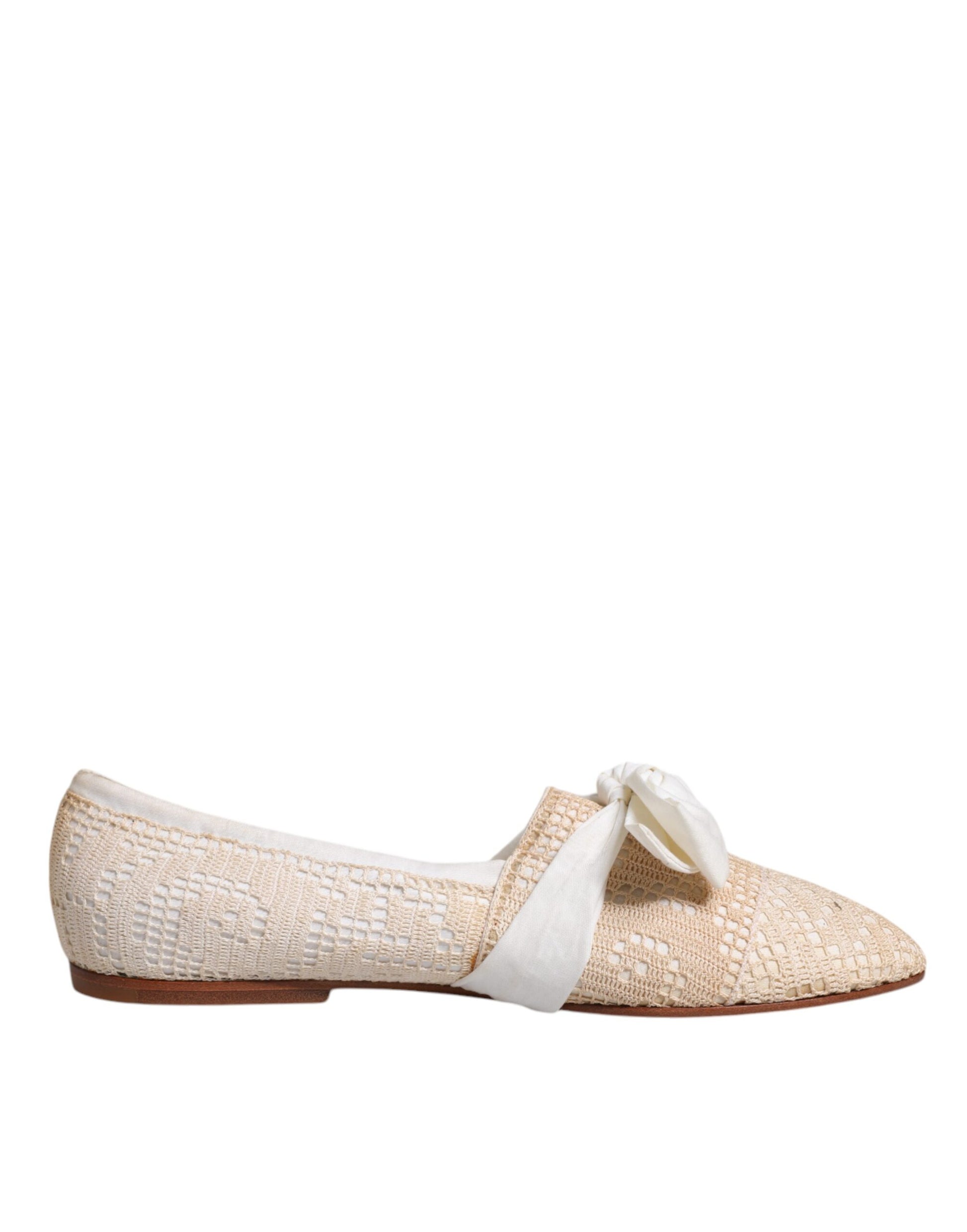 Beige Ribbon Fabric Ballerina Flats Shoes