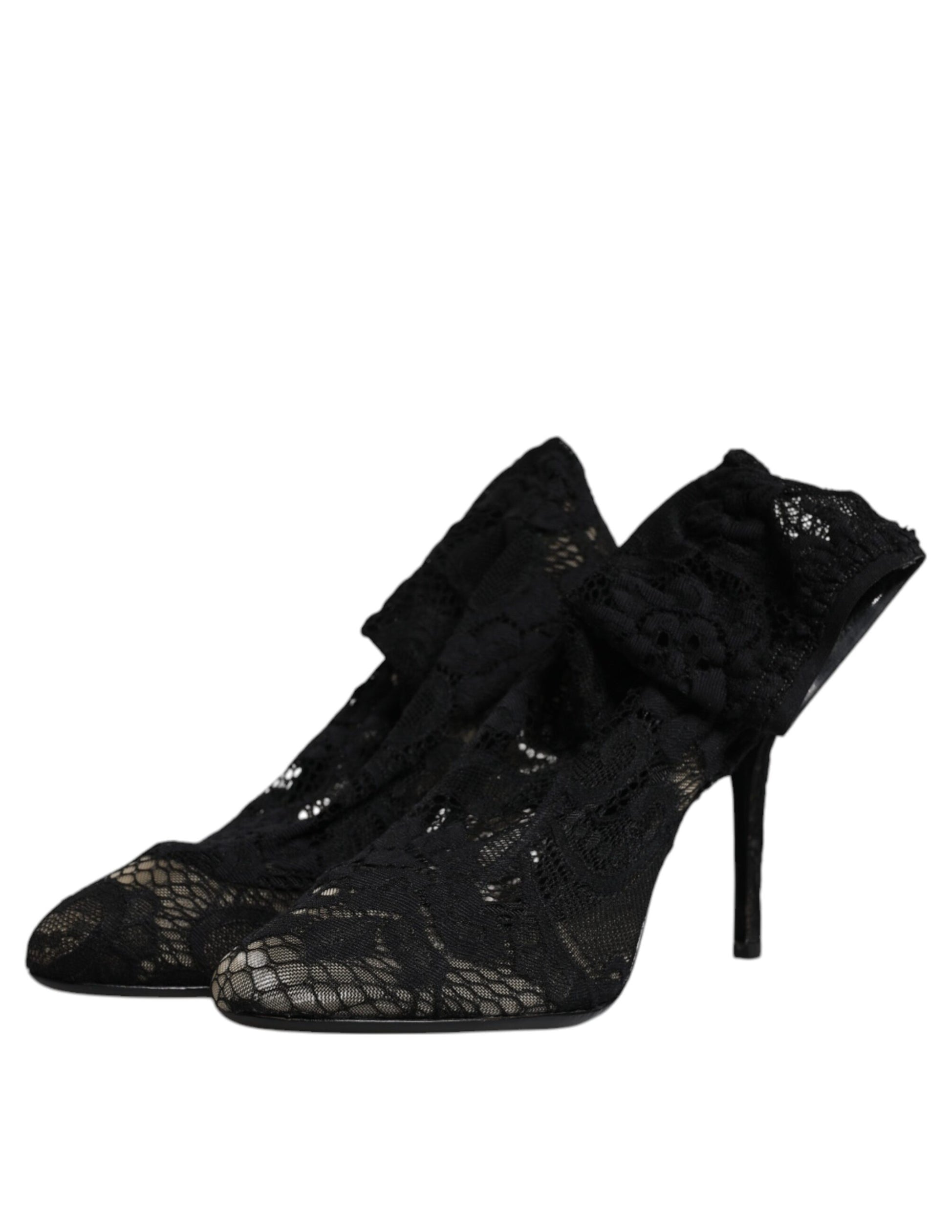 Black Lace Stretch Heels Mid Calf Boots Shoes