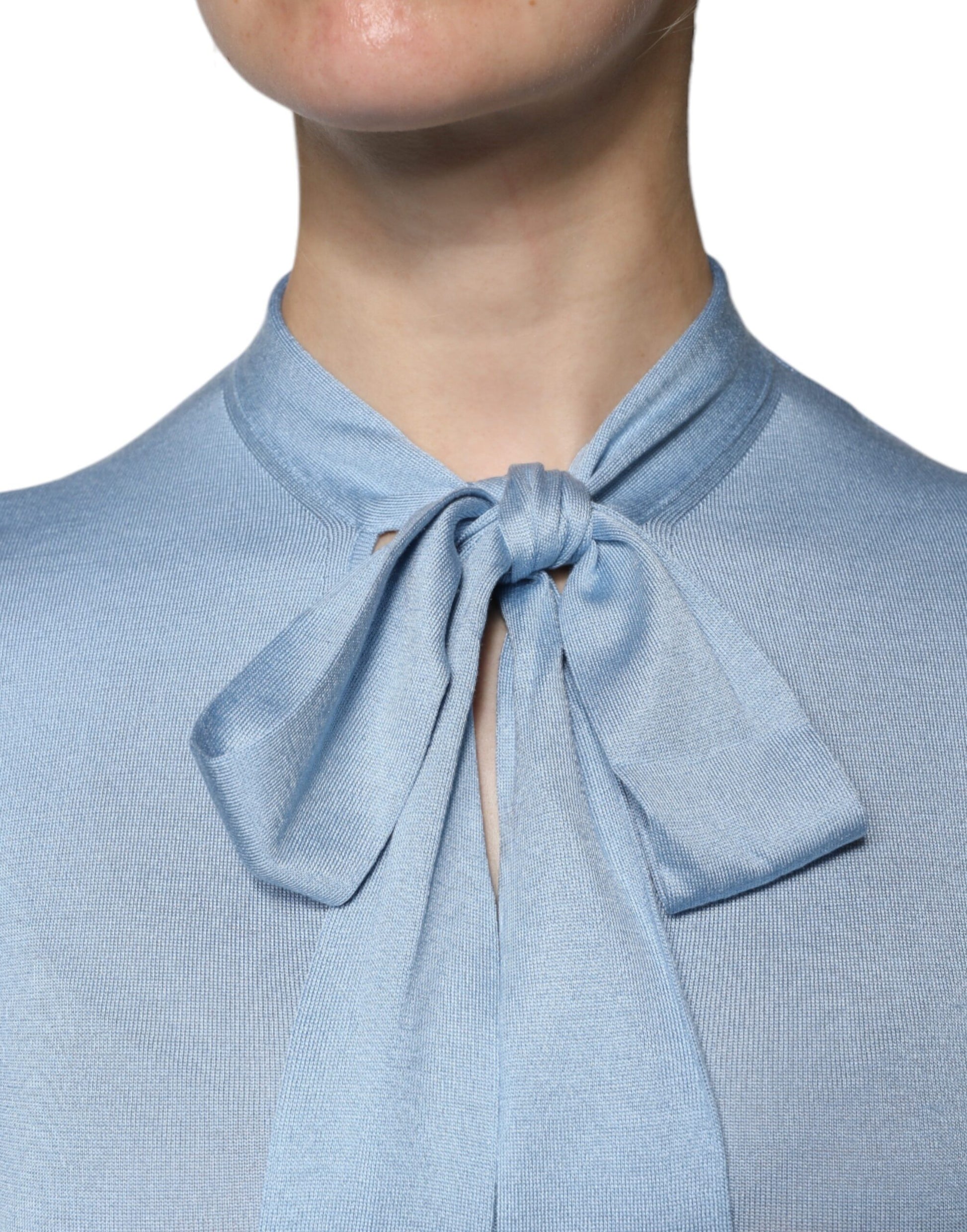 Blue Silk Knit Pullover Ascot Collar Top