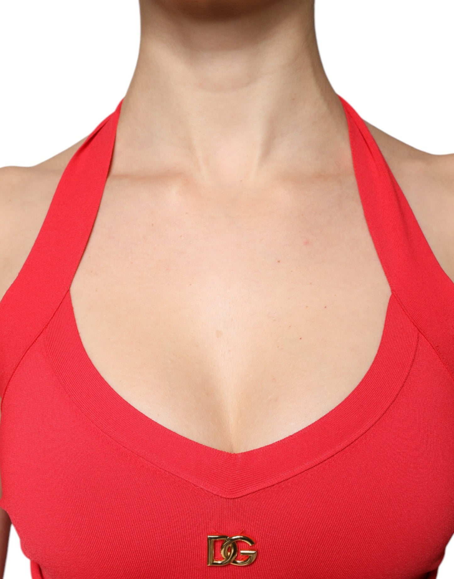 Red Viscose Sleeveless Halter Cropped Tank Top