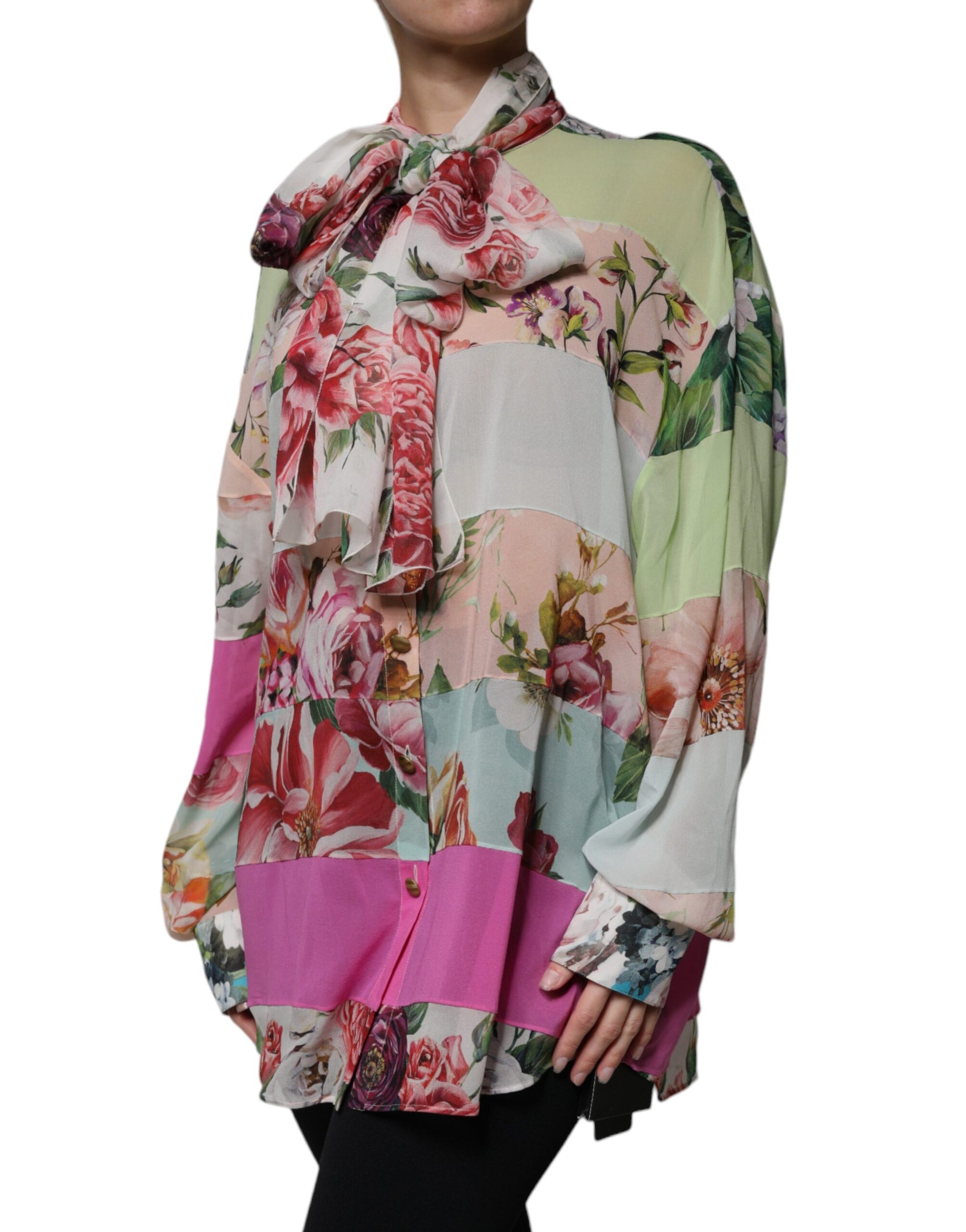 Multicolor Floral Patchwork Ascot Collar Top