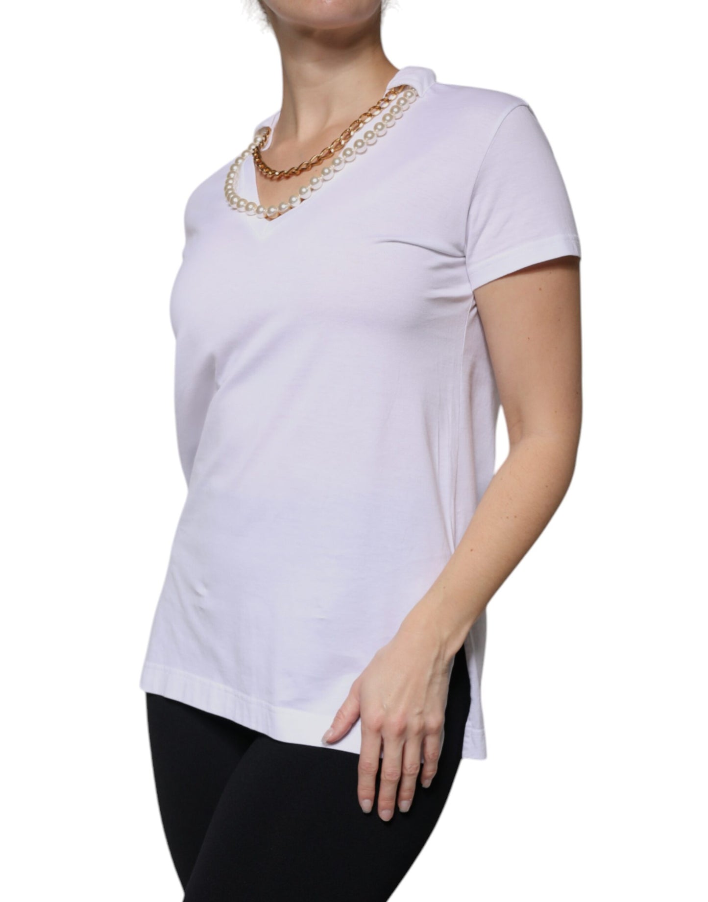 White Cotton Necklace Chain Short Sleeves T-shirt