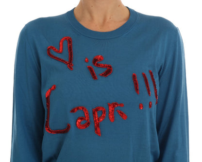 Blue Silk Sequined Capri Pullover Sweater