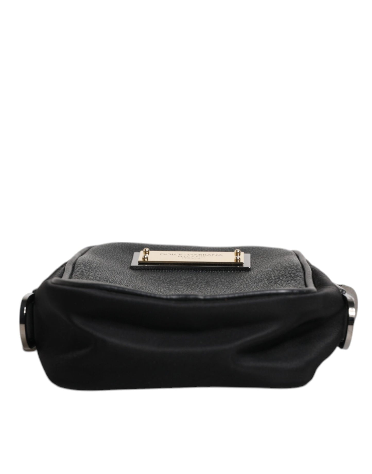 Black Grain Leather Logo Plaque Clutch Bag