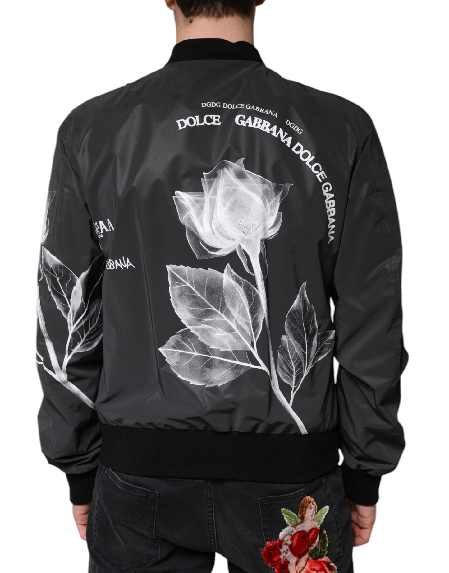 Black Floral Nylon Full Zip Bomber Jacket