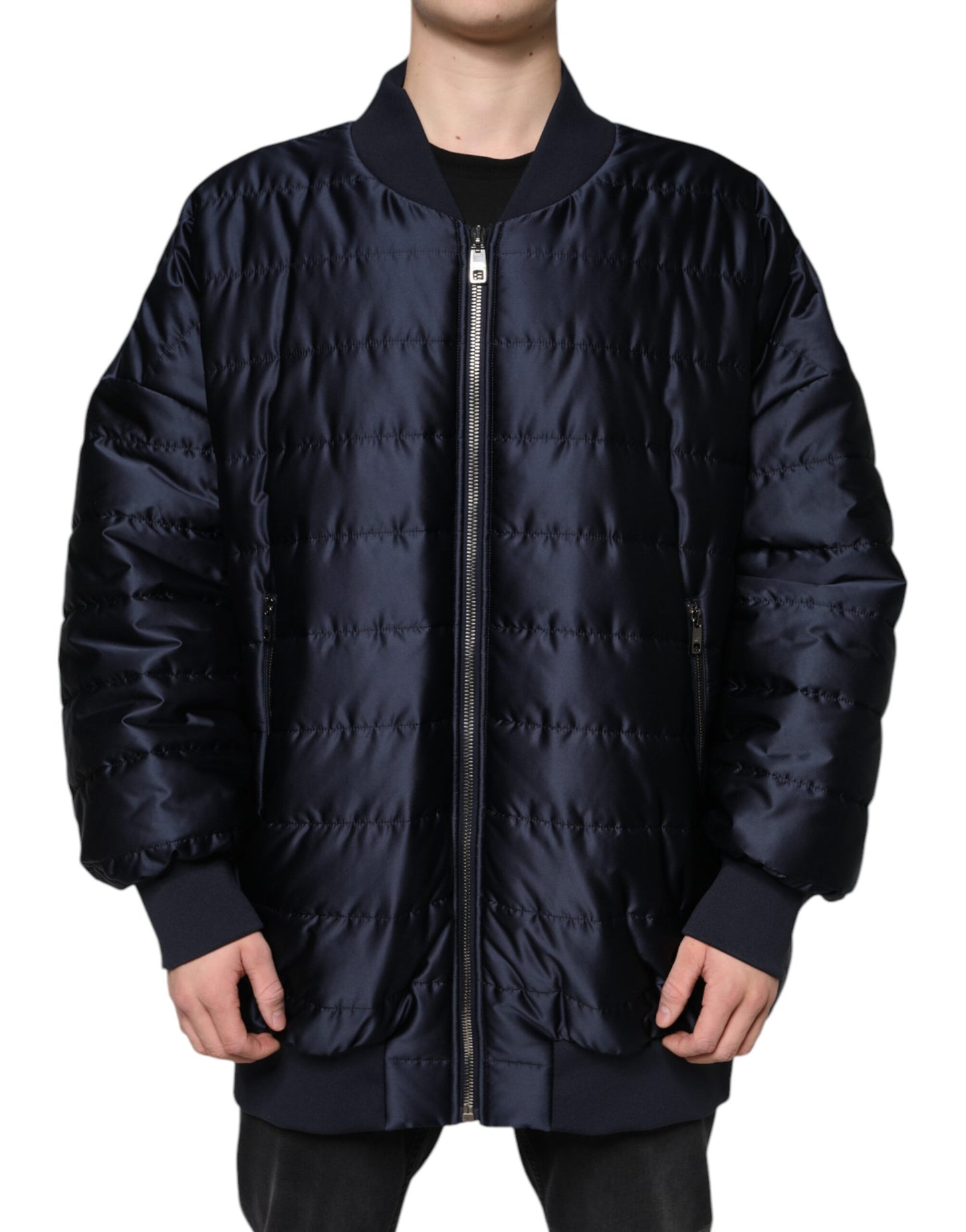 Dark Blue Quilted Full Zip Bomber Jacket