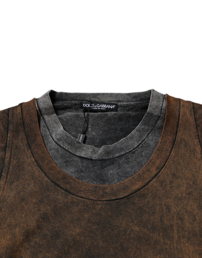 Brown Cotton Round Neck Sleeveless T-shirt