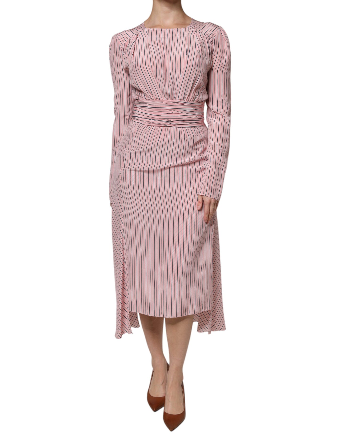 Pink Stripes Silk Long Sleeves Midi Dress