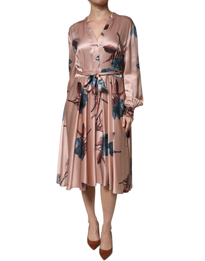 Pink Satin Floral Long Sleeves A-line Midi Dress