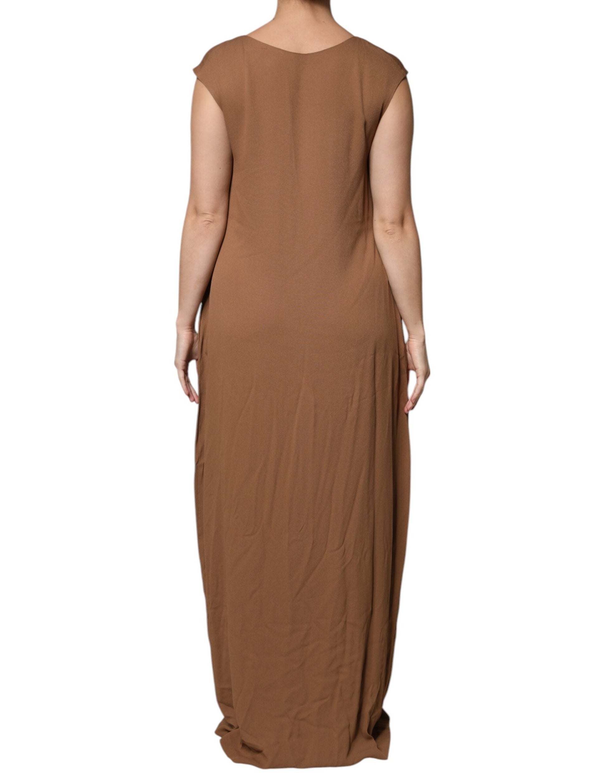 Brown Sleeveless Deep V-neck A-line Long Maxi Dress