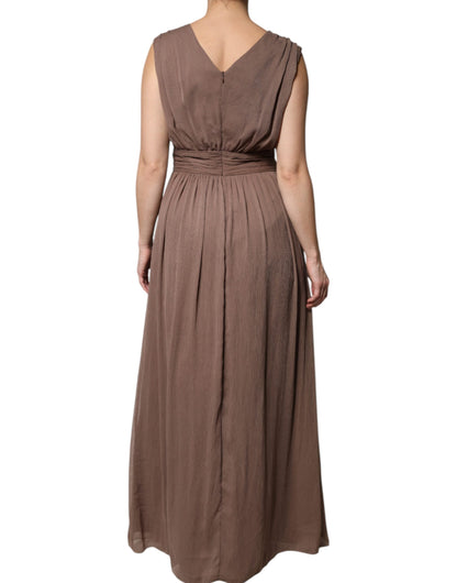 Brown Sleeveless Deep V-neck A-line Long Maxi Dress