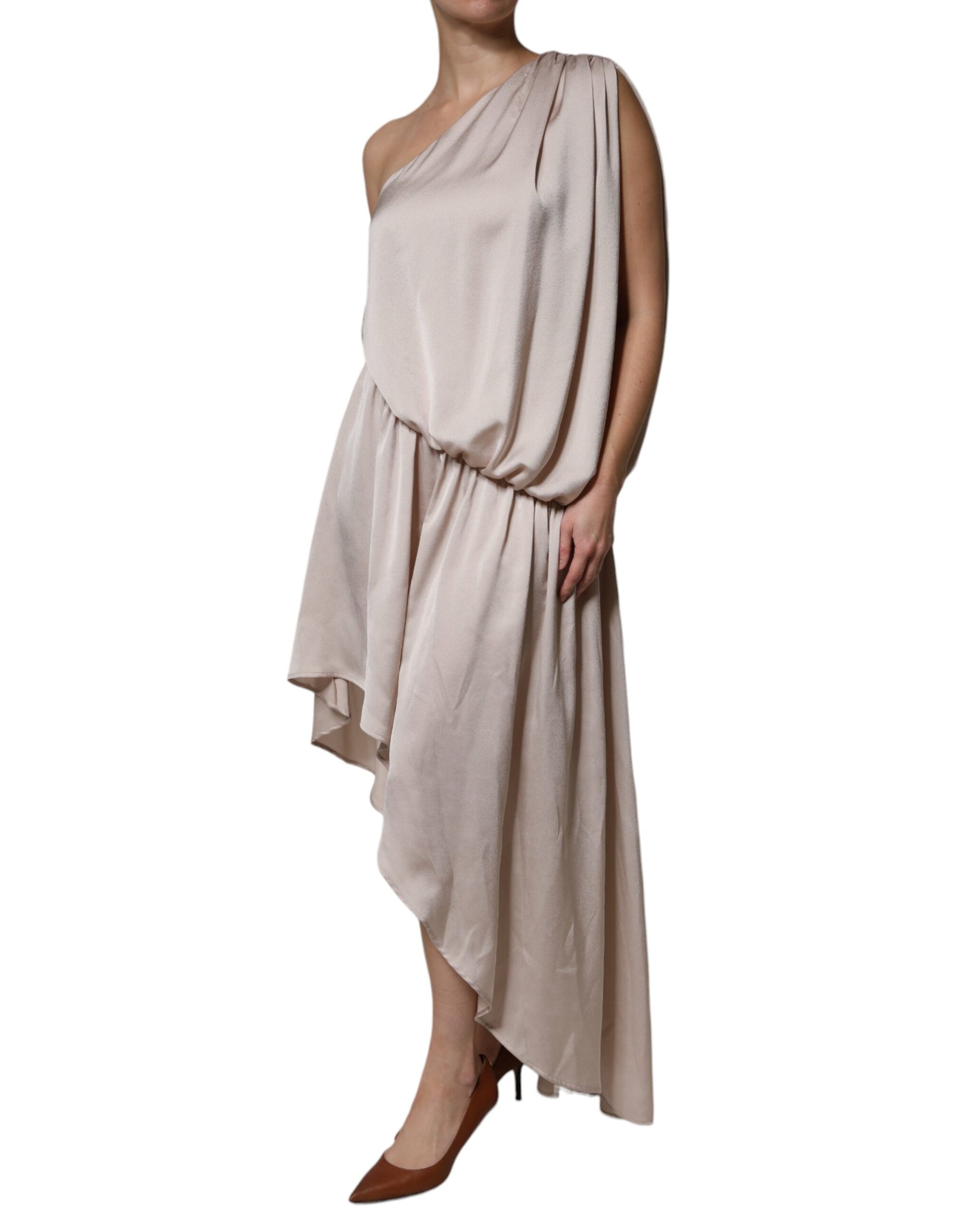 Beige One Shoulder Asymmetric Drape Dress