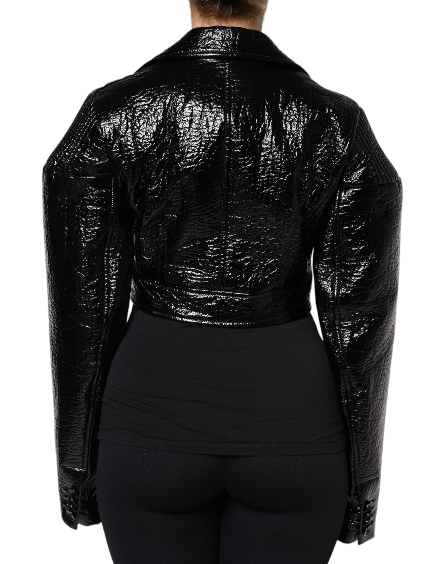 Black Leather Cropped Long Sleeve Coat Jacket