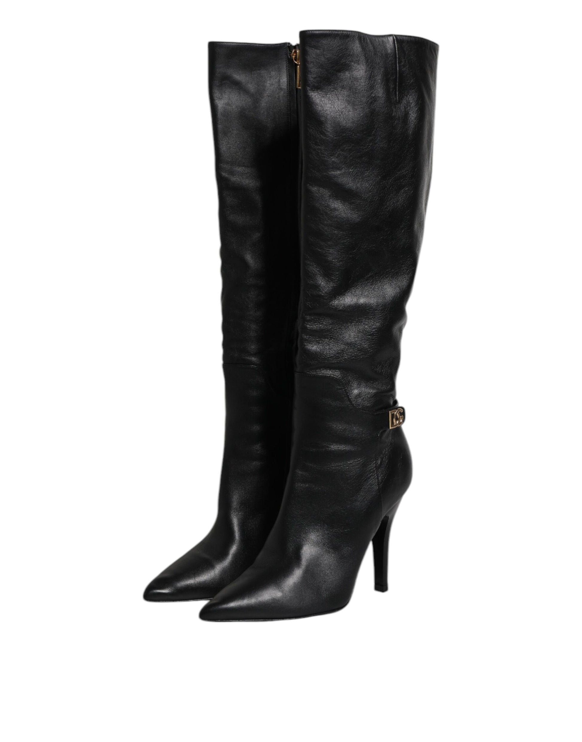 Black Leather Heels Knee High Boots Shoes