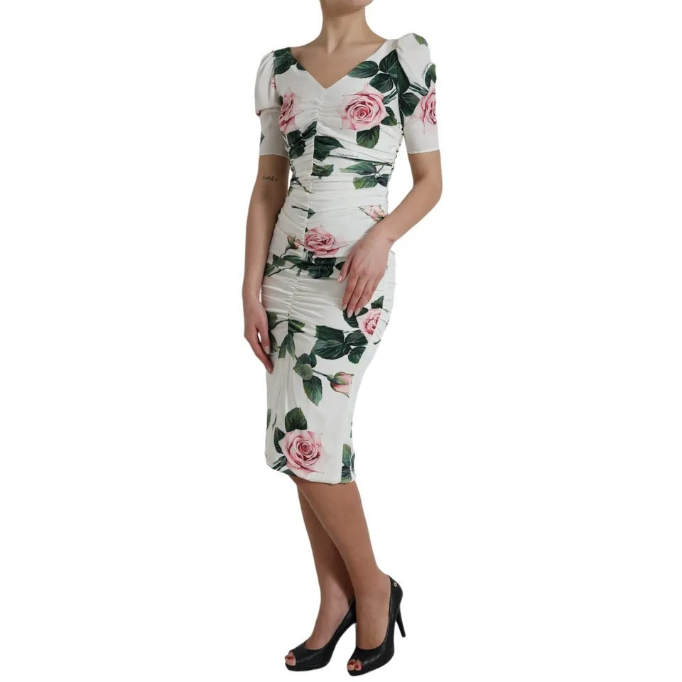 White Roses Print Stretch Silk Pleated Dress