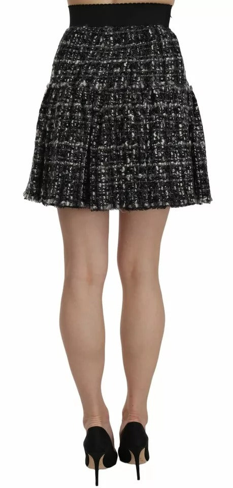 Black Check Flounce Detailed Wool Mini Skirt