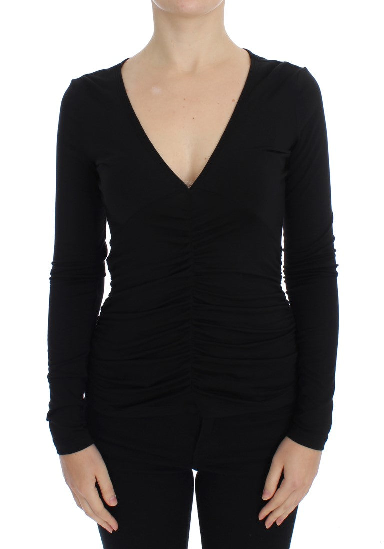 Elegant V-Neck Black Viscose Blend Sweater