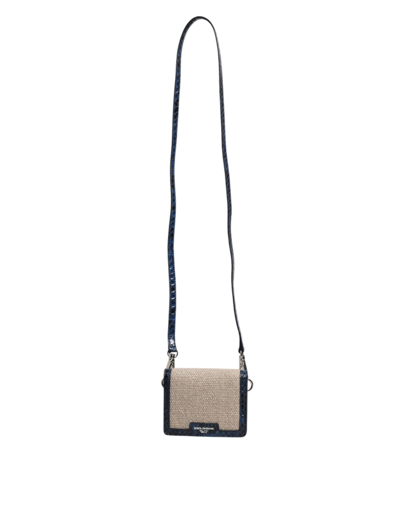 Beige Blue Leather Canvas Bifold Crossbody Bag