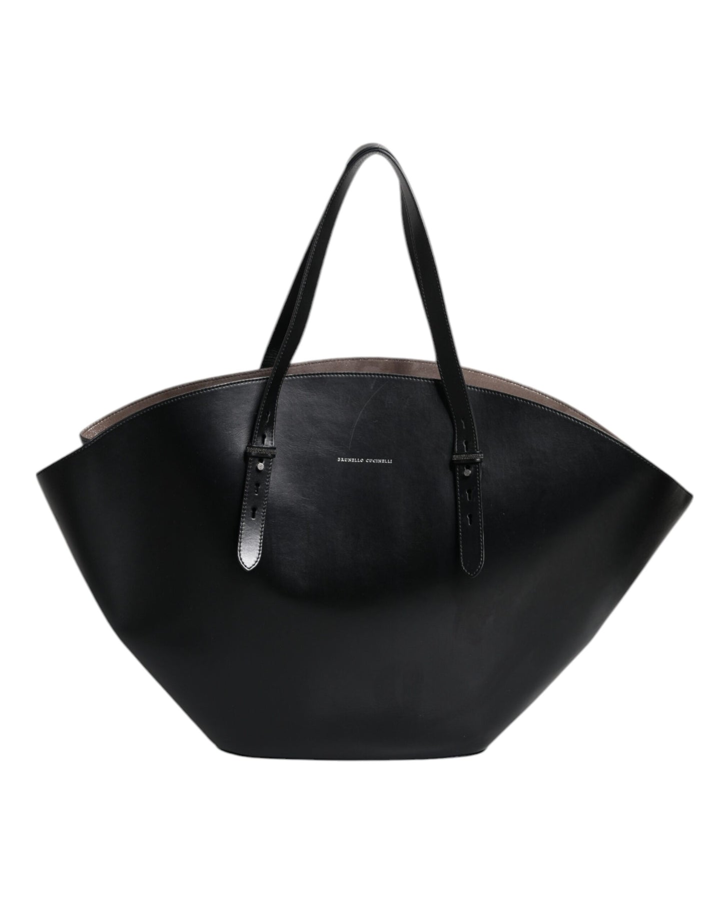 Black Leather Logo Shoulder Strap Shopping Tote Bag