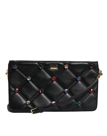 Black Leather Crystal Embellished Logo Shoulder Bag