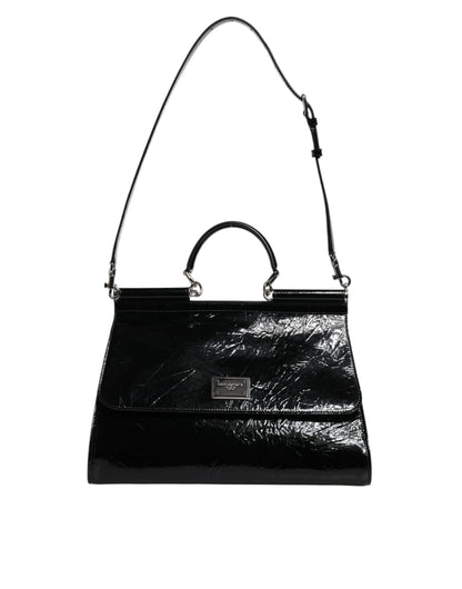 Black Leather SICILY Logo Top Handle Shoulder Bag