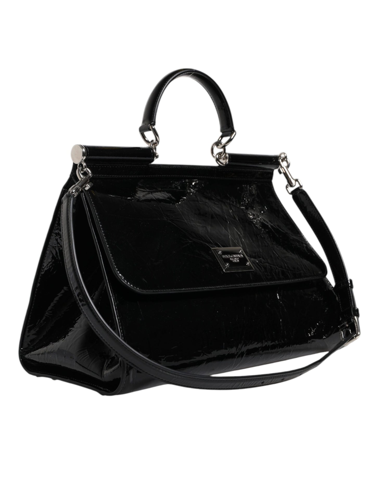 Black Leather SICILY Logo Top Handle Shoulder Bag