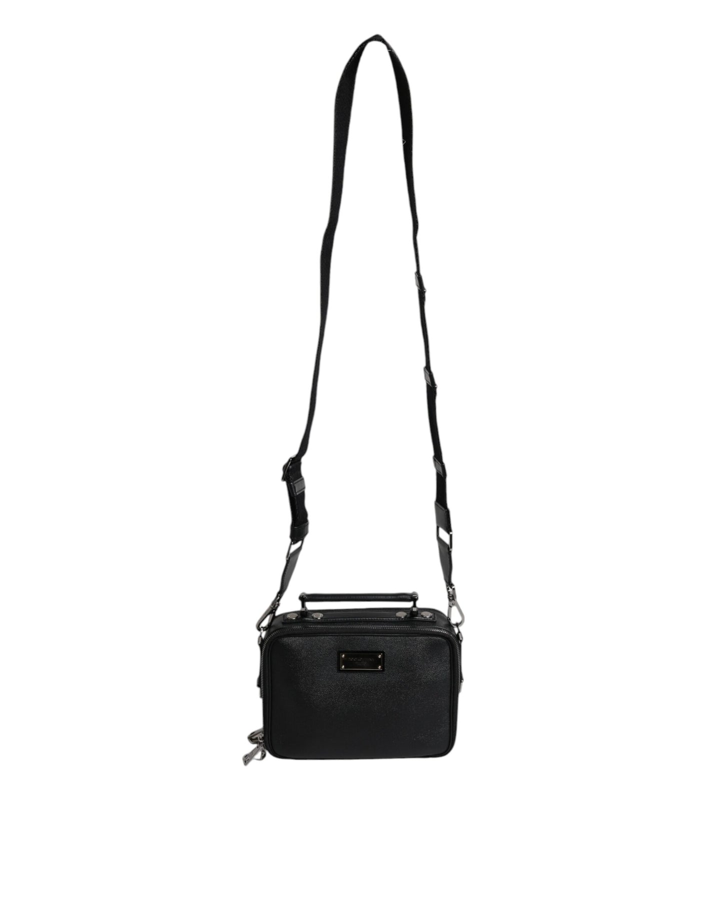 Black Nylon Leather Logo Top Handle Crossbody Bag