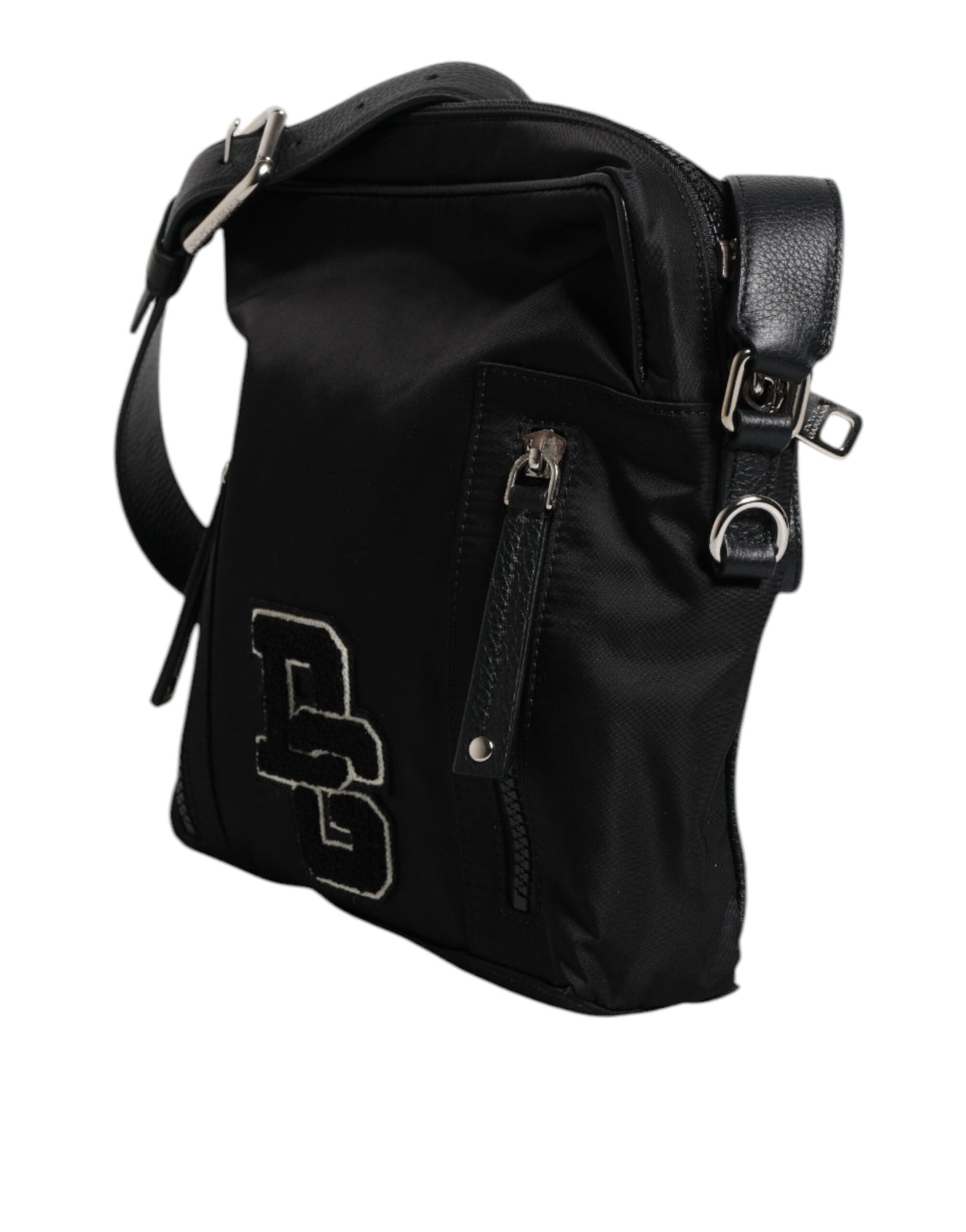 Black Nylon Leather DG Patch Messenger Crossbody Bag