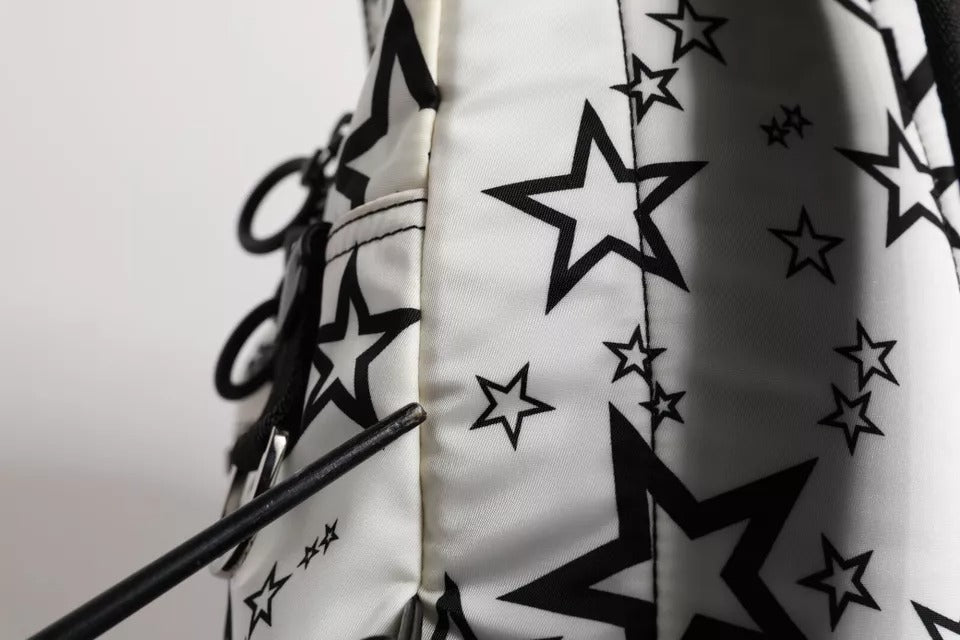 White DG Stars Print Nylon School Backpack Bag