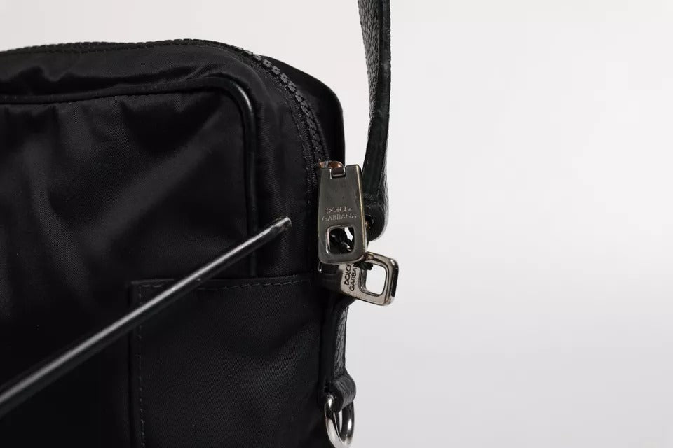 Black Nylon Leather DG Patch Messenger Crossbody Bag