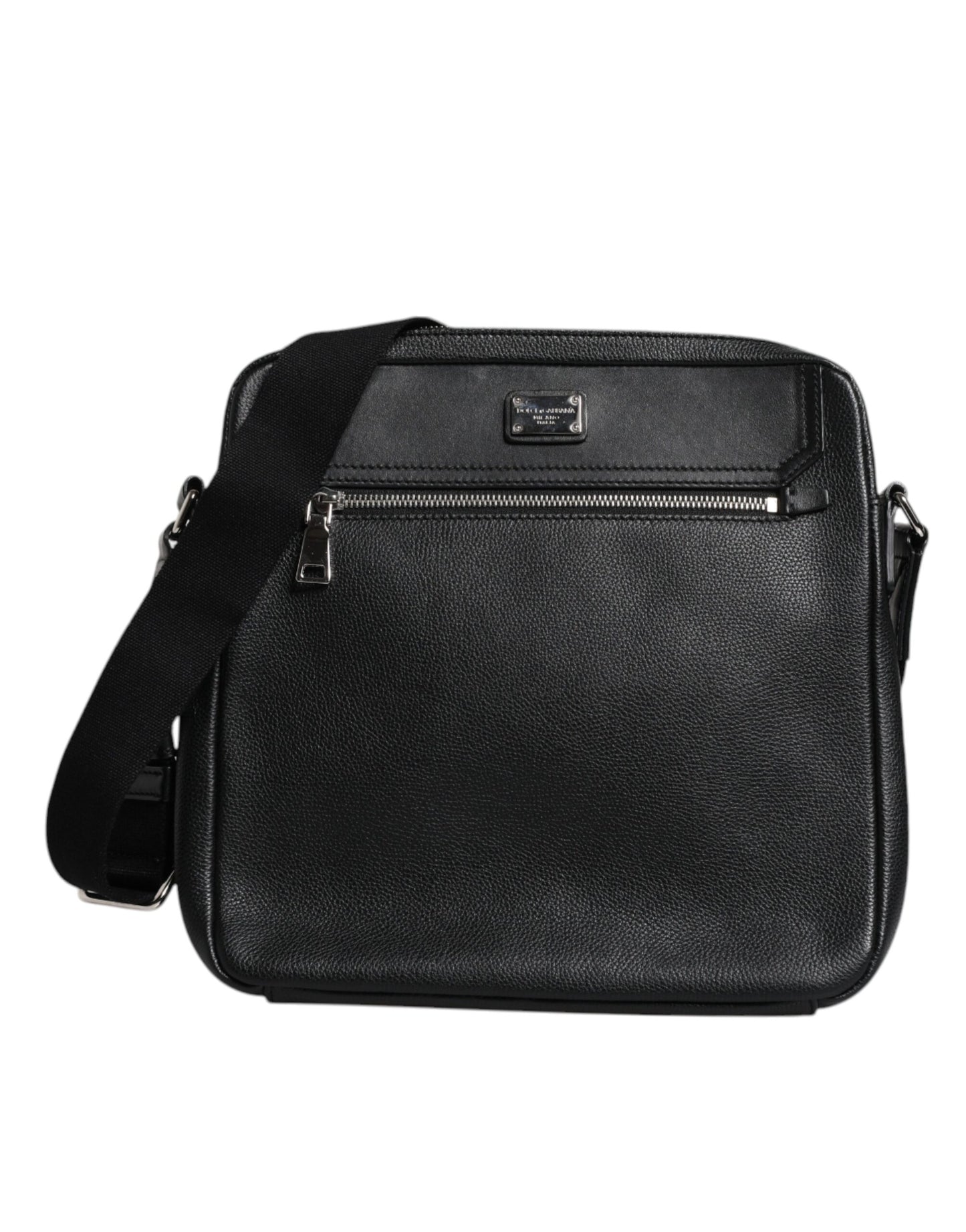 Black Calfskin Leather Messenger Crossbody Bag