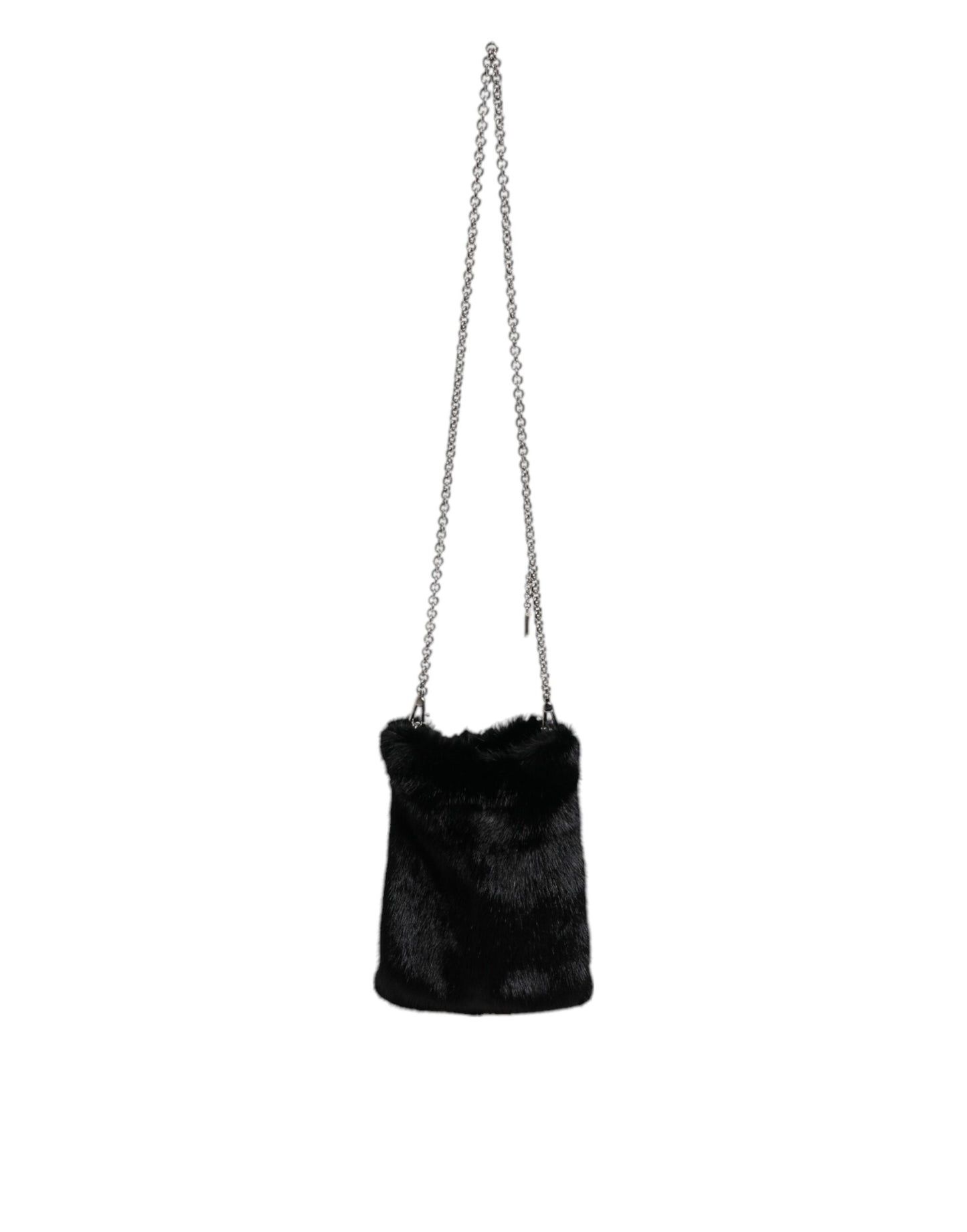 Black Faux Fur Silver Chain Crossbody Shoulder Purse Bag